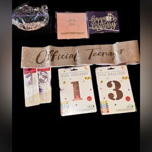13 Birthday accessories. Tiara, sash, candles, foil Balloons, birthday card, etc